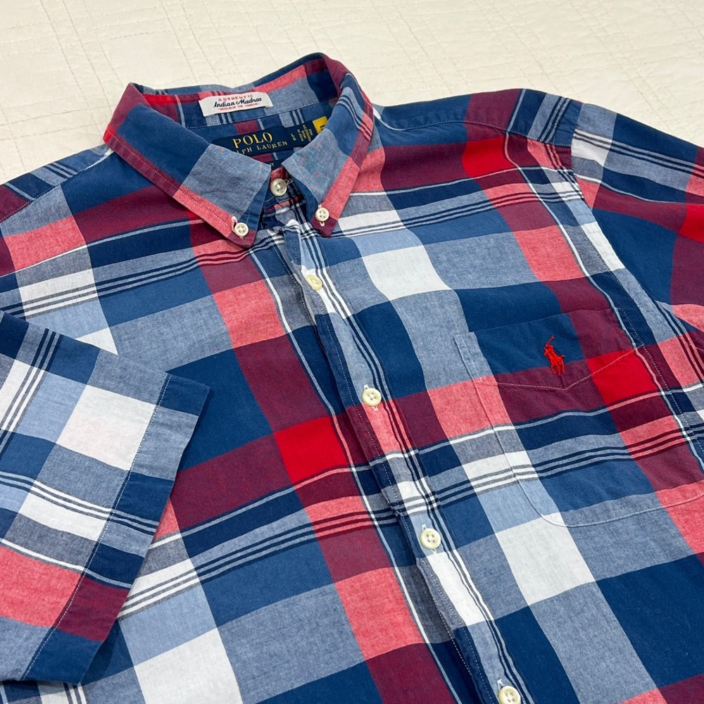 Polo Ralph Lauren Mens Slim Untucked Fit Madras Plaid Short Sleeve Shirt Large